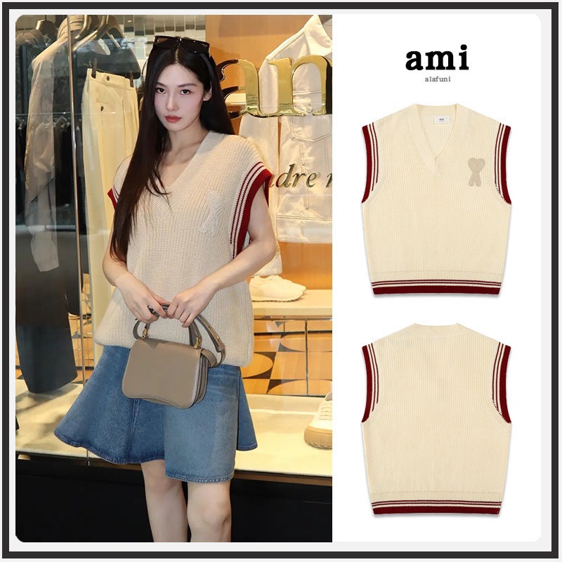 Ami Knitted Sweater Cardigan 25Ss Style Round Neck Contrasting Color Wool New Color V-Neck Vest Jacket For Outer Wear - Image 4