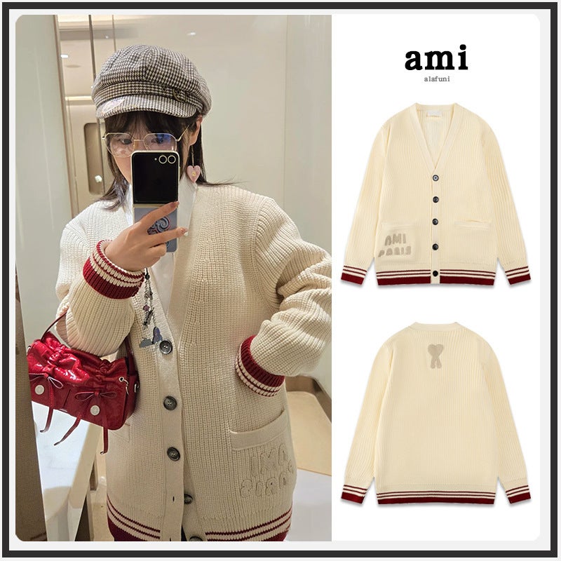 Ami Knitted Sweater Cardigan 25Ss Style Round Neck Contrasting Color Wool New Color V-Neck Vest Jacket For Outer Wear - Image 2