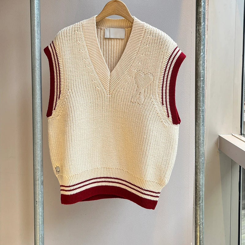 Ami Knitted Sweater Cardigan 25Ss Style Round Neck Contrasting Color Wool New Color V-Neck Vest Jacket For Outer Wear - Image 5