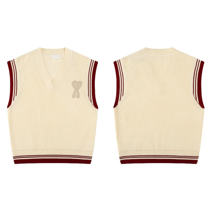 Ami Knitted Sweater Cardigan 25Ss Style Round Neck Contrasting Color Wool New Color V-Neck Vest Jacket For Outer Wear - Image 1
