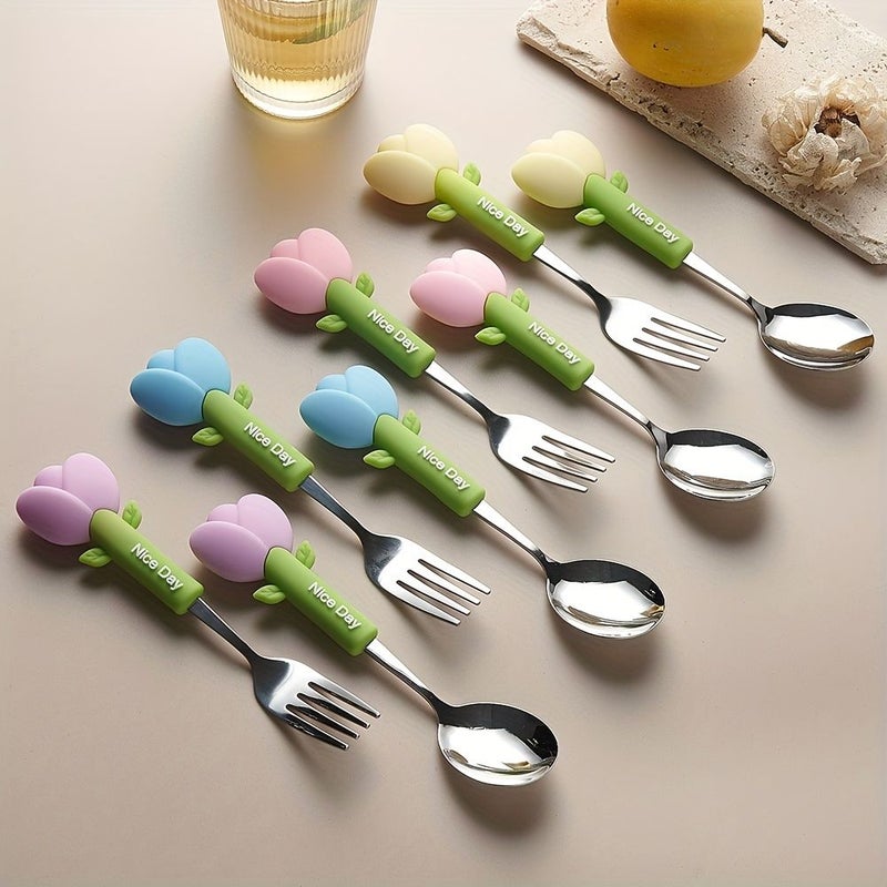 Travel Silicone Handle Fork Spoon Set 4pcs Blue Kitchen Camping - Image 2