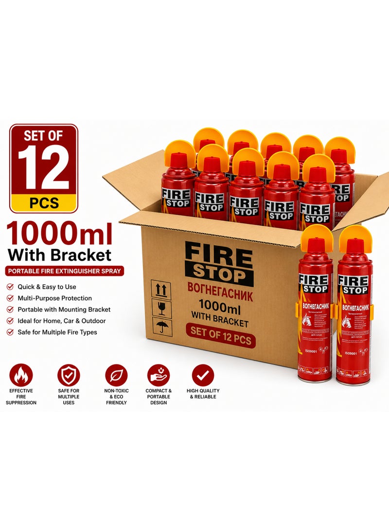 Portable Fire Extinguisher Spray 1000ml with Mounting Bracket – Set of 12 PCS | Multi-Purpose Emergency Fire Suppressant for Car, Home, Kitchen & Office