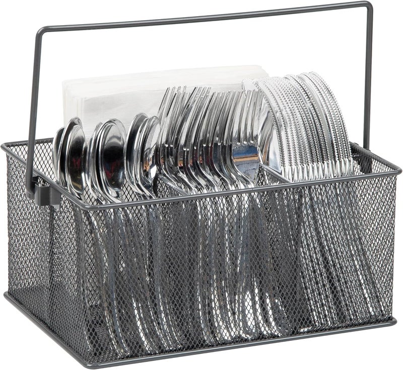 Mind Reader Metal Mesh Handle Storage Basket Organizer - Utensil Holder for Forks, Spoons, Knives, and Napkins - Gray - Image 1
