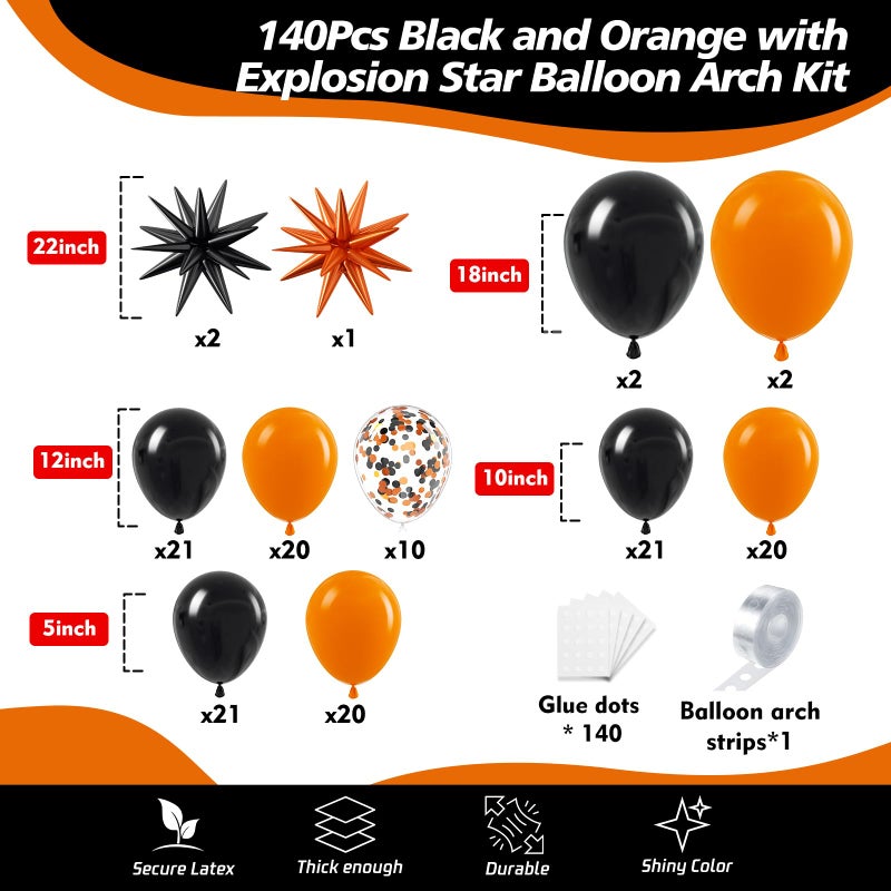 ADOINBY Black and Orange Balloon Arch Kit, 140Pcs Black Orange Latex Balloon Garland kit, 18 12 10 5 Inch Different Size Balloons for Halloween Birthday Baby Shower Thanksgiving Day Party Decorations - Image 2