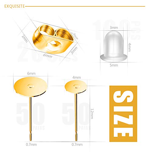 VERACT Gold Earring Posts and Backs, 500Pcs Hypoallergenic Earring Studs for Jewelry Making with Butterfly Earring Backs and Rubber Bullet Earring Backs (4mm, 6mm) - Image 2