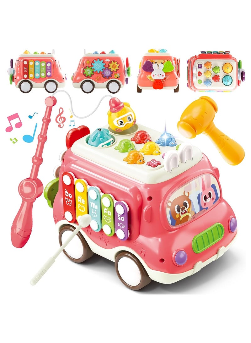 NNEWVANTE 6-in-1 Musical Bus Toys for Toddlers, Montessori Car Toys with Xylophone Whack A Mole Fishing Game, Sensory Learning Activity Cube, Educational Boy Girl Baby Gifts 18M+, Pink - Image 1