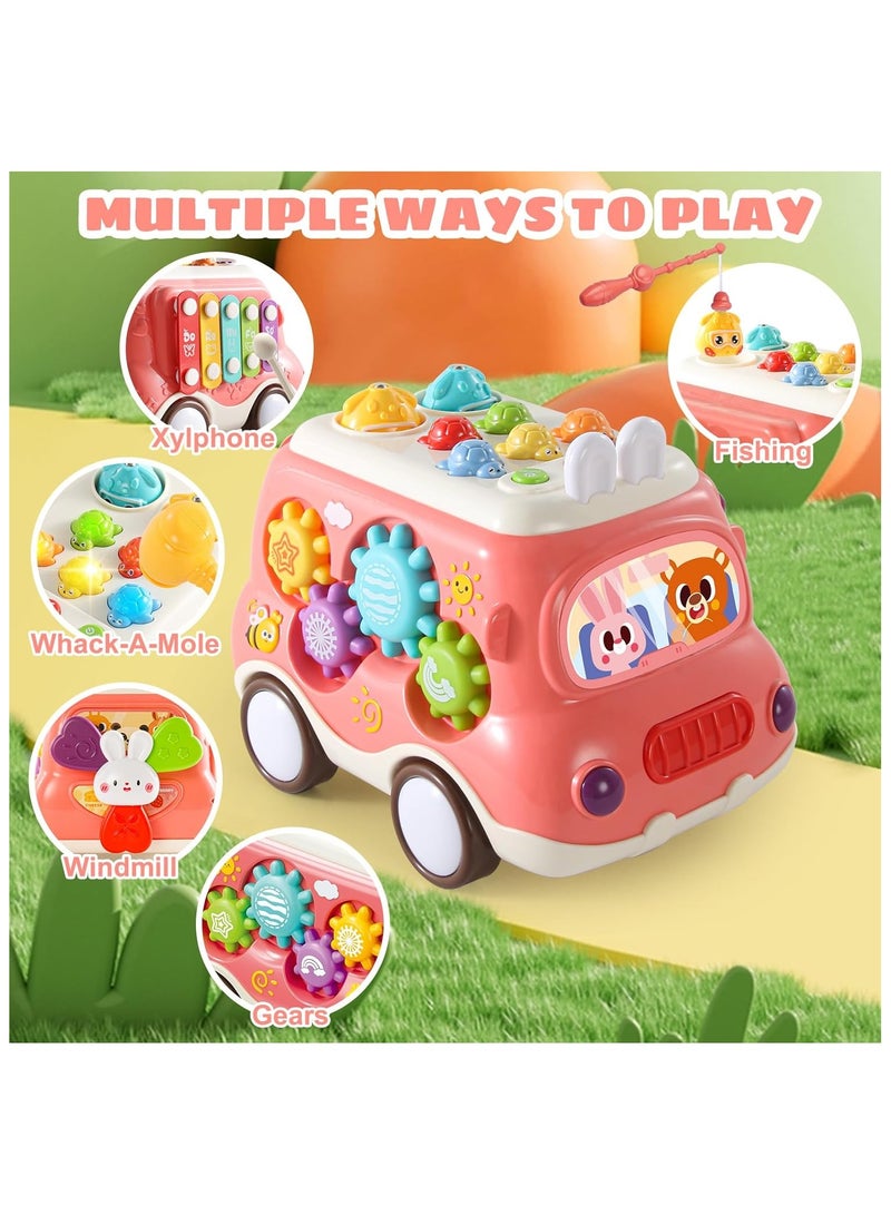 NNEWVANTE 6-in-1 Musical Bus Toys for Toddlers, Montessori Car Toys with Xylophone Whack A Mole Fishing Game, Sensory Learning Activity Cube, Educational Boy Girl Baby Gifts 18M+, Pink - Image 2