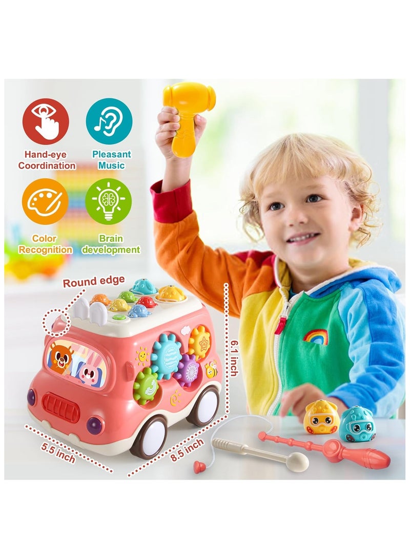 NNEWVANTE 6-in-1 Musical Bus Toys for Toddlers, Montessori Car Toys with Xylophone Whack A Mole Fishing Game, Sensory Learning Activity Cube, Educational Boy Girl Baby Gifts 18M+, Pink - Image 4
