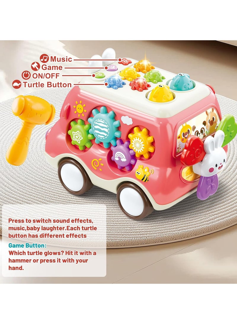 NNEWVANTE 6-in-1 Musical Bus Toys for Toddlers, Montessori Car Toys with Xylophone Whack A Mole Fishing Game, Sensory Learning Activity Cube, Educational Boy Girl Baby Gifts 18M+, Pink - Image 3