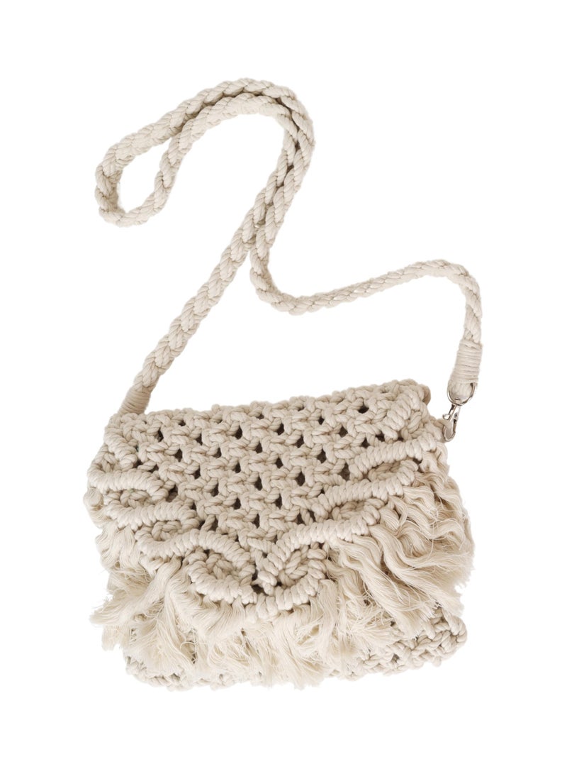 LABZIO Womens Handcrafted Macrame Bag with Fringe | Boho Chic 100% Cotton | Lightweight and Eco-Friendly ((Off White PInk)) - Image 1