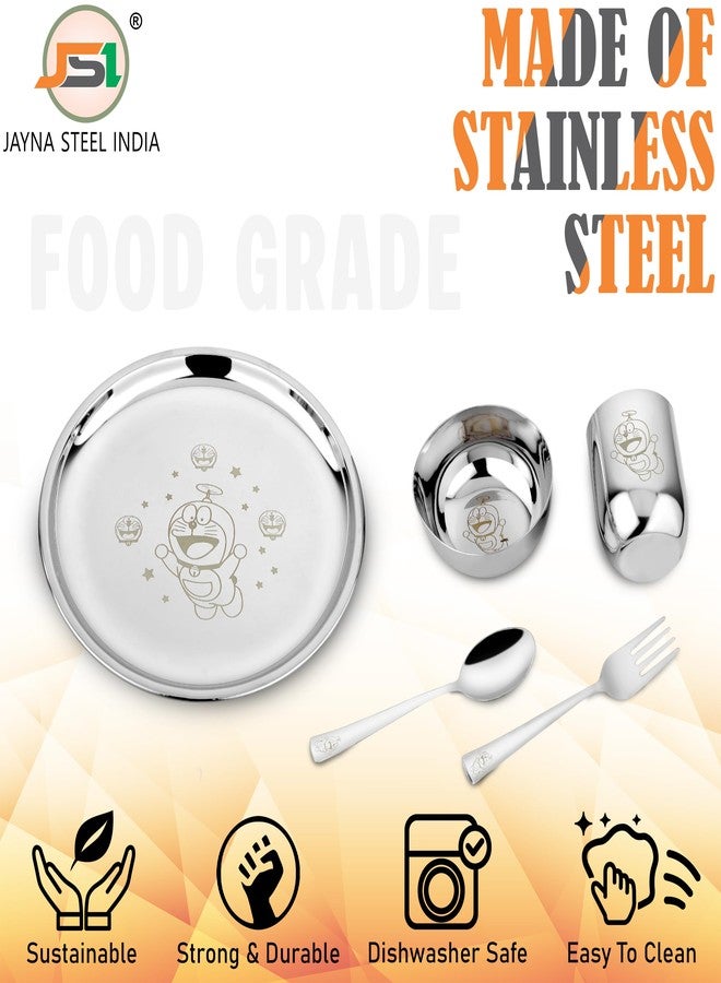 JSI طقم عشاء للأطفال من الفولاذ المقاوم للصدأ من JSI، مكون من 5 قطع، بنقش ليزر دائم - طقم عشاء من الفولاذ عالي الجودة 304، طبق عشاء بقطر 24 سم، كوب، وعاء، ملعقة، وشوكة - متين للغاية - Image 3