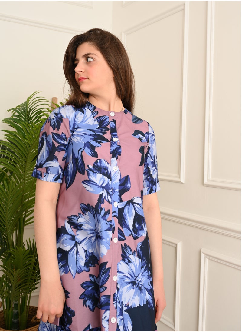 FULL JOY - Elegant Girls' Dress with text sleeves  ,Blue-Purple - Image 1