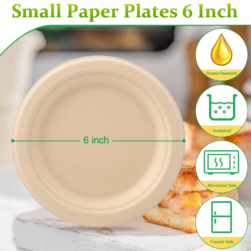 Greconv Eco Friendly Small Paper Plates - 6 Inch  50 Pack  Compostable  Made of Sugarcane Fibers  Brown  Dessert Plates - Image 2