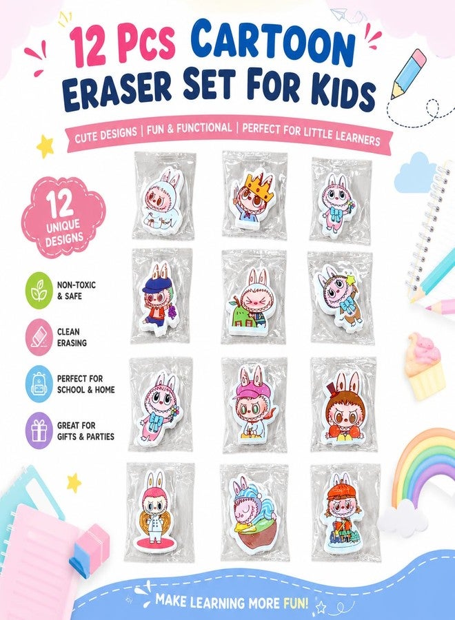 Radiance Cartoon Bunny Rubber Eraser Set, Pack of 12, Random Design, for School, Drawing & Sketching, Return Gifts (Random Design) - Image 2