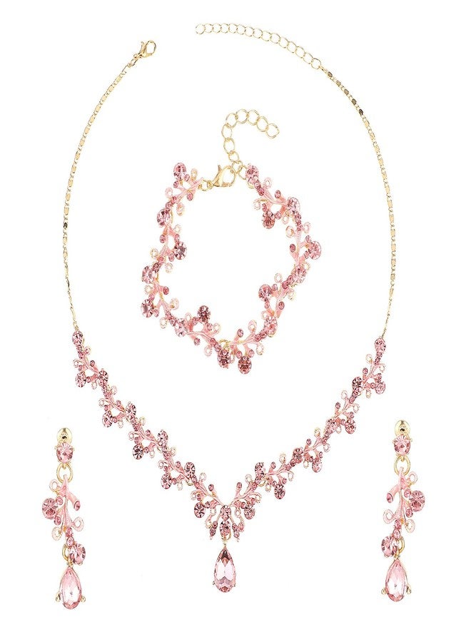 Yolev Rhinestone Wedding Jewelry Sets for Bridal Women's Crystal Necklace Bracelet Earrings Set Pink Gold Jewelry Set for Brides Bridemaid Prom Costume Accessories - Image 1