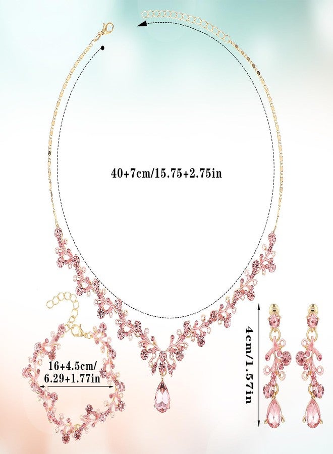 Yolev Rhinestone Wedding Jewelry Sets for Bridal Women's Crystal Necklace Bracelet Earrings Set Pink Gold Jewelry Set for Brides Bridemaid Prom Costume Accessories - Image 2
