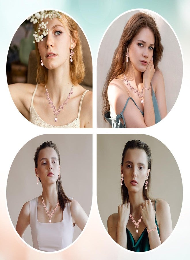 Yolev Rhinestone Wedding Jewelry Sets for Bridal Women's Crystal Necklace Bracelet Earrings Set Pink Gold Jewelry Set for Brides Bridemaid Prom Costume Accessories - Image 4
