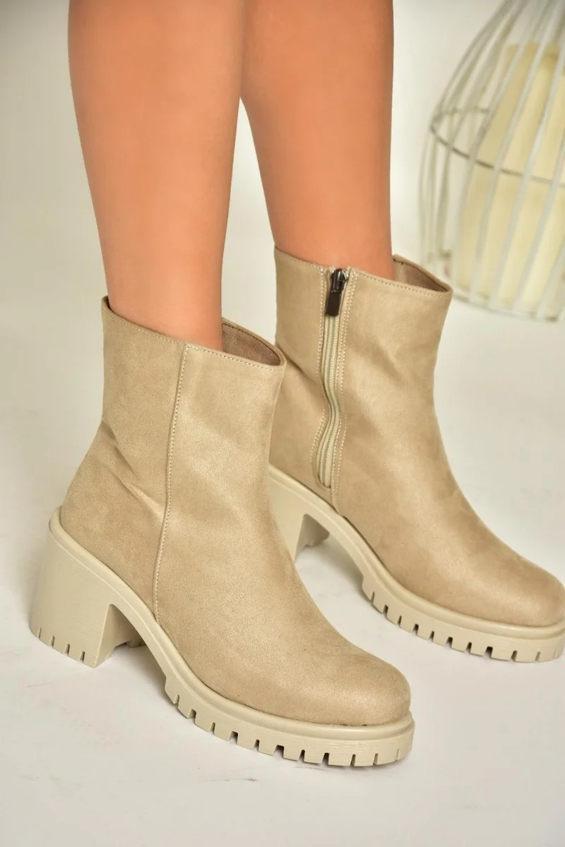 فوكس شوز T726911102 Beige Suede Thick Heel Women's Boots