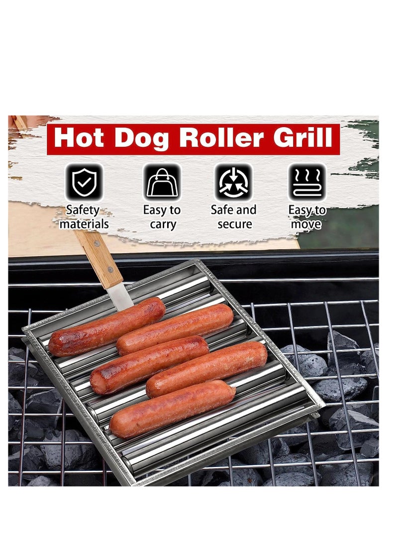 Excefore Barbecue Sausage Roller Grill, Hot Dog Roller, BBQ Hot Dog Griller Rack, Stainless Steel Hot Dog Roller Griller Rack, with Wood Handle Evenly Cooked for Hot Dog Sausages - Image 2