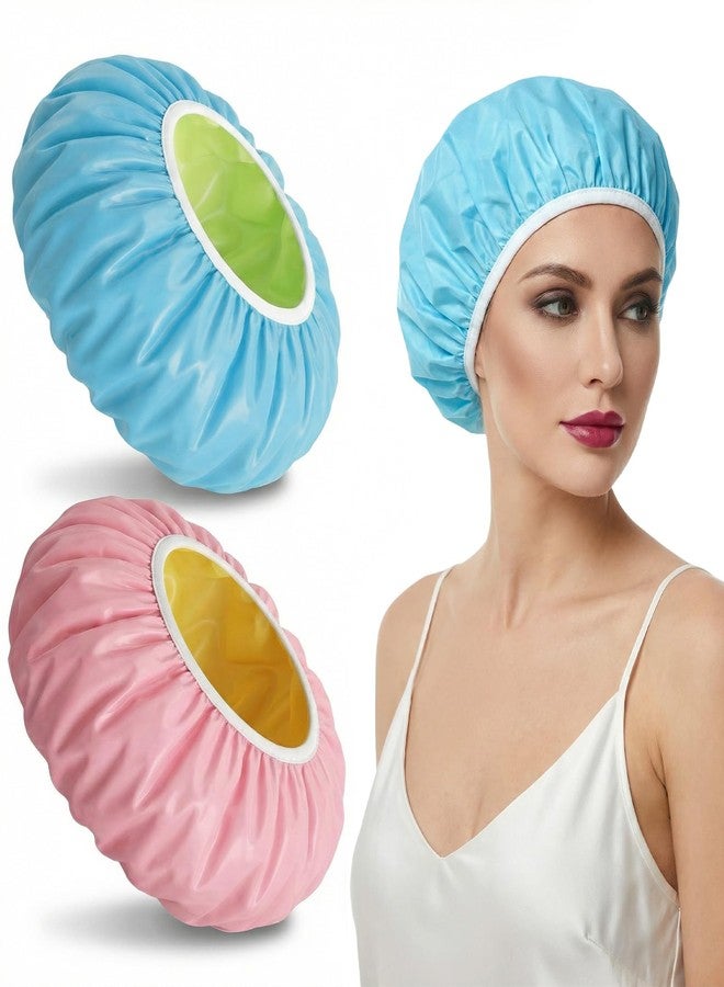 ValueBargain 2 Pcs Shower Cap Waterproof, Reusable Shower Caps for Women Waterproof Two Layer Large Caps Reusable with Elastic Band for Long, Thick or Curly Hair - Image 1