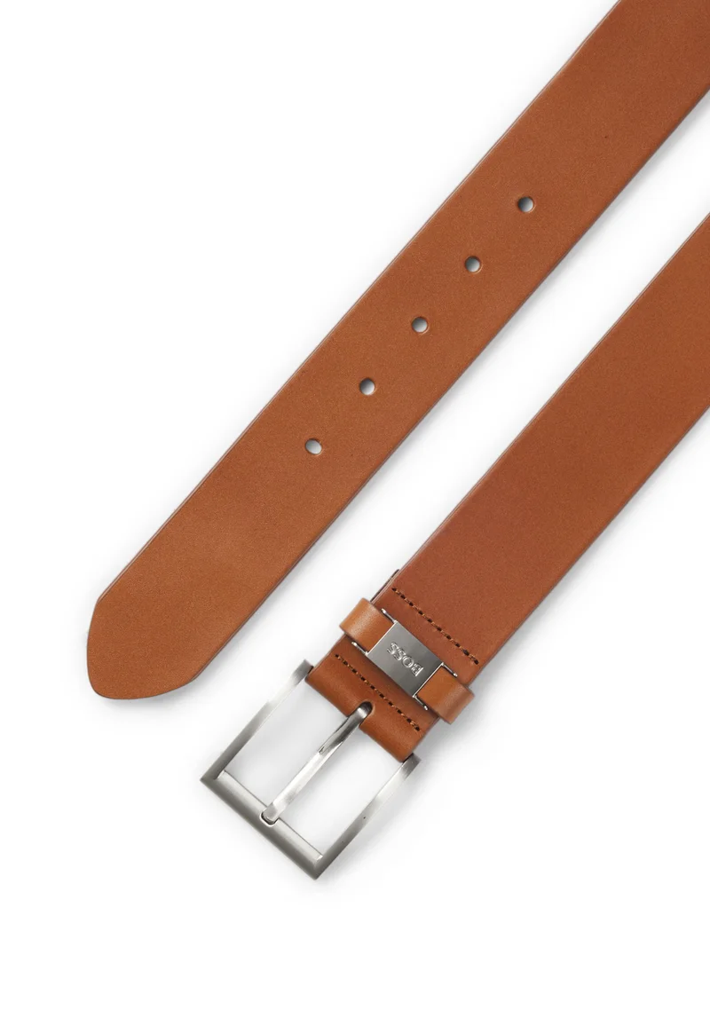 BOSS Italian-leather belt with logo keeper and brushed hardware