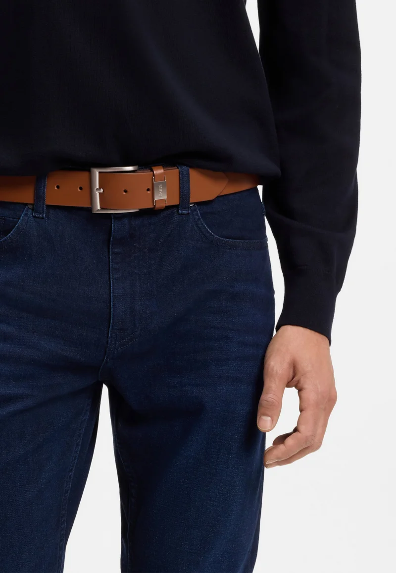 BOSS Brown Italian-leather belt with logo keeper and brushed hardware for Men | Best Price UAE
