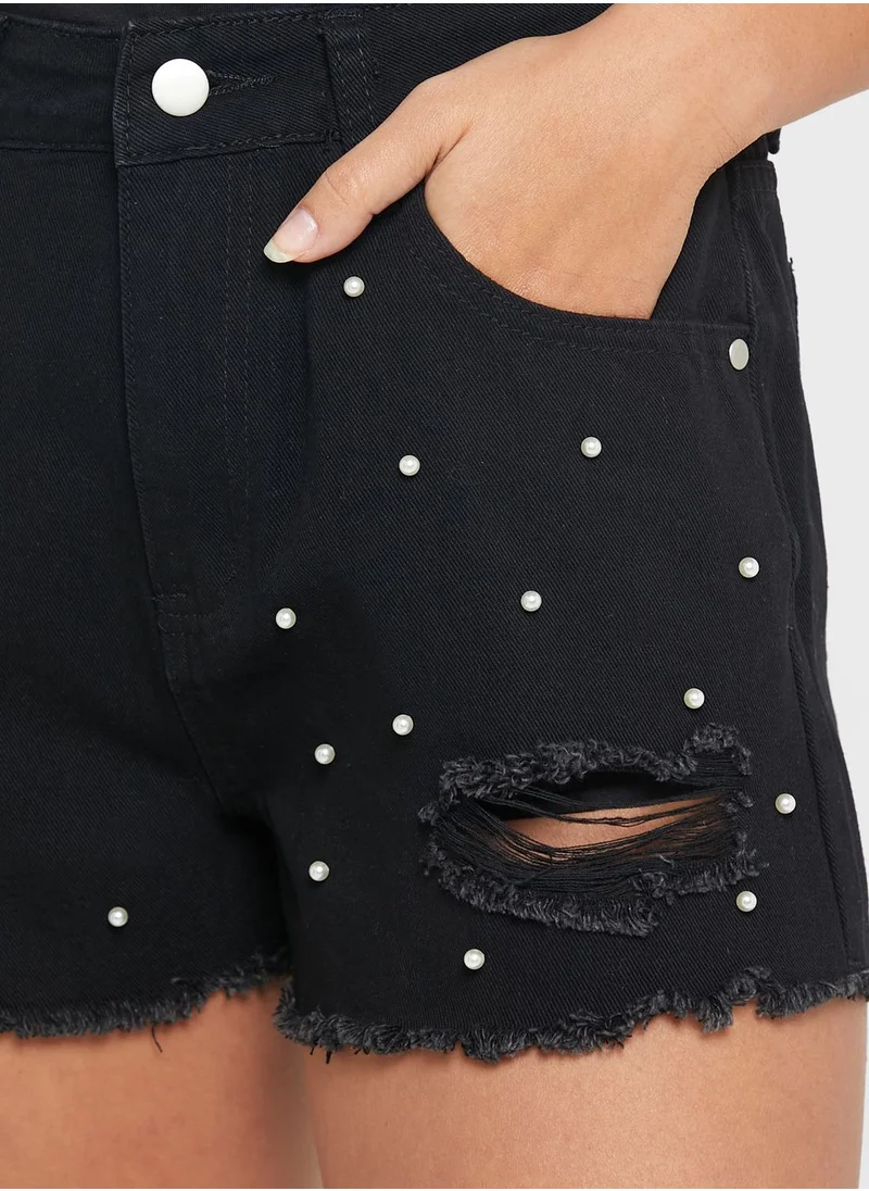 Ginger Stud Embellished Detail Denim Shorts
