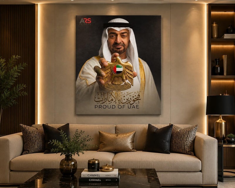 ARS Graphics ARS® Sheikh Mohamed bin Zayed Canvas Wall Art - 100 x 100 CM - Golden UAE Coat of Arms Falcon - Image 2