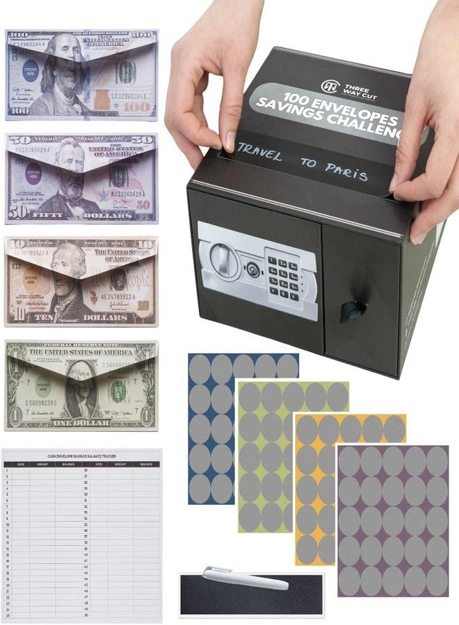 THREE WAY CUT 100 Envelopes Money Saving Challenge - Save 5050 Dollars In 100 Days Premium Kit, 100 Cash Envelopes & Organizer Box Set, Trendy Tiktok & Youtube 5050 Bucks Savings Challenge, Fun Gift Ideas - Image 1