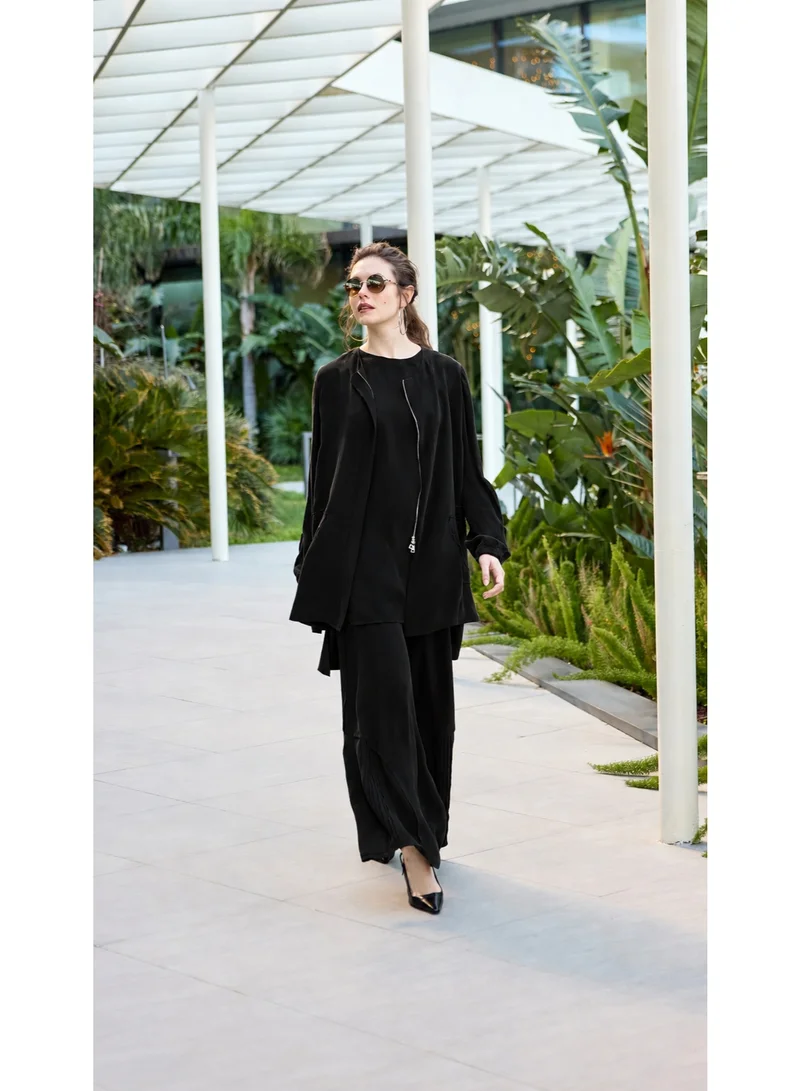 Elegant Zip-Front Two-Piece Set for Women - Black