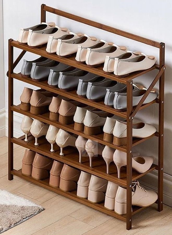 LINGWEI Portable Foldable 5 Tier Shoe Rack Storage Organizer Free Installation Folding Dustproof Shoe Cabinet Bamboo Stackable and Durable Shoe Shelf Space Saving Storage Shoe Tower - Image 3