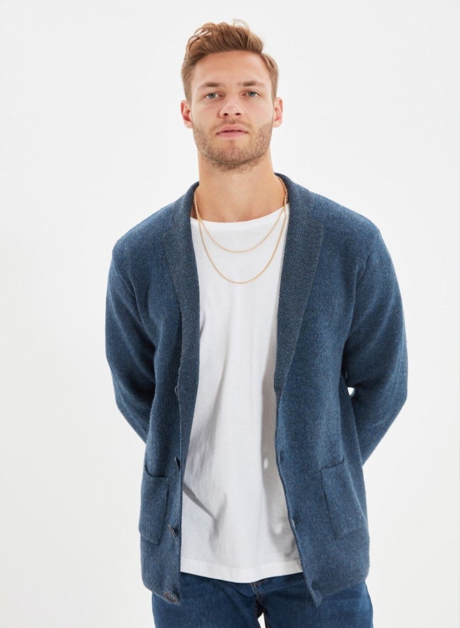 trendyol Indigo Regular Fit Wool Collar Knitwear Cardigan - Image 3