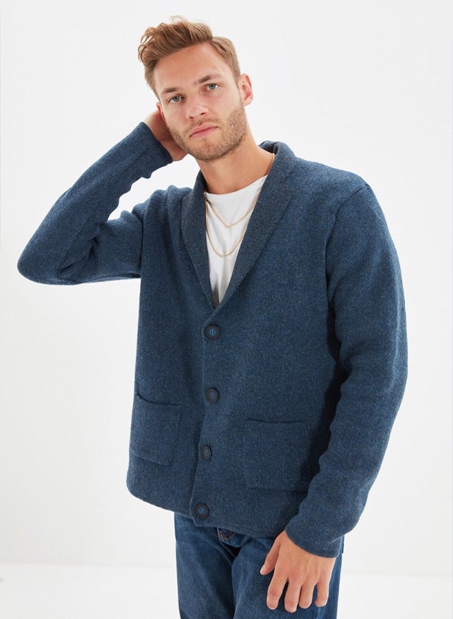 trendyol Indigo Regular Fit Wool Collar Knitwear Cardigan - Image 2