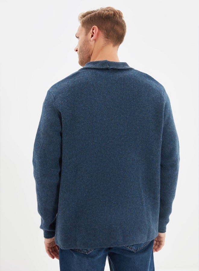 trendyol Indigo Regular Fit Wool Collar Knitwear Cardigan - Image 5