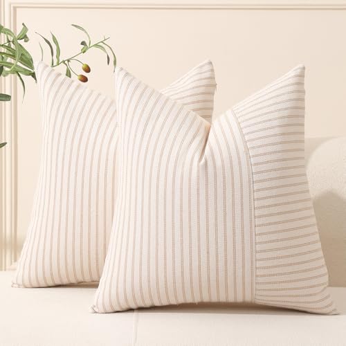 Hckot Khaki and Beige Patchwork Farmhouse Throw Pillow Covers 20 x 20 Inch Pack of 2 Striped Linen Decorative Pillow Case for Sofa Couch Chair Bedroom Modern Decor 20 x 20 Khaki