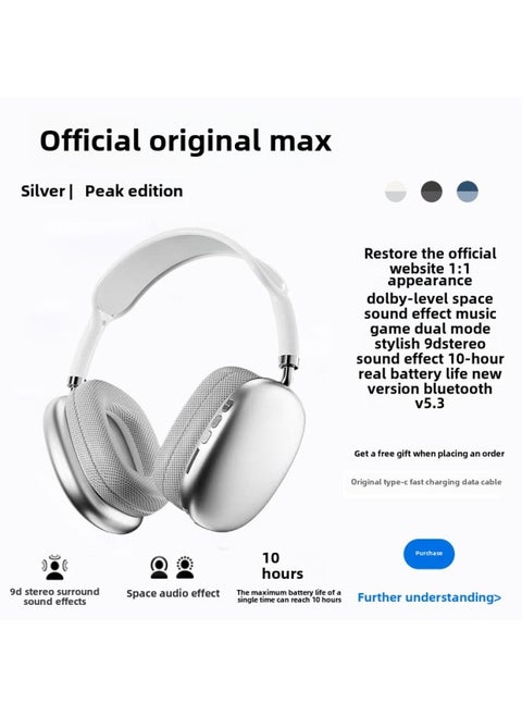 Head-mounted Bluetooth Headset Suitable For IPhone/apple Max Huaqiangbei 2024 Wireless Noise Reduction Game Wheat-Color:Official Standard Configuration - Silver | Peak Version [original 1:1 Appearance ★ Dolby Space Audio ★