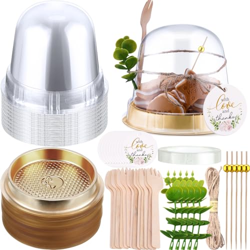 SiliFine 50 Sets Disposable Individual Charcuterie Cups with Lids Clear Plastic Cupcake Container Gold Cocktail Picks Appetizer Disposable Wooden Forks for Wedding Birthday Dessert Display - Image 1
