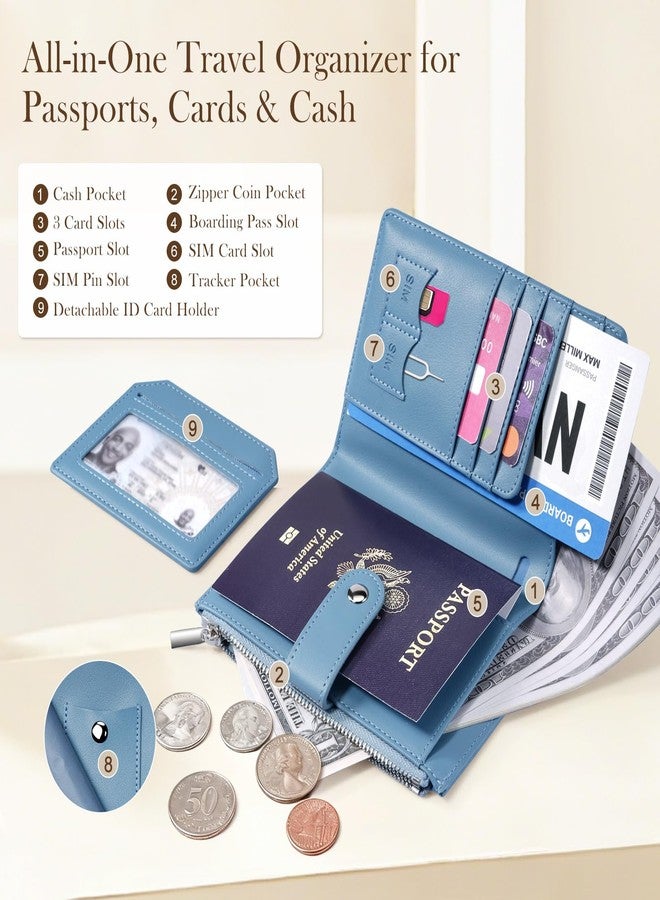 Dadanism حافظة جواز سفر وبطاقات ائتمان من دادانيزم، مزودة بتقنية حجب الترددات اللاسلكية (RFID)، غطاء جواز سفر رفيع من الجلد الصناعي مع جيب بسحاب للعملات المعدنية، محافظ صغيرة للرجال والنساء، ضرورية للسفر ورحلات العمل، أزرق - Image 3