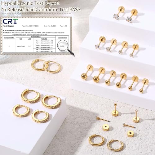 Jstyle Hypoallergenic 14K Gold Plated Flat Back Earrings for Women Men Surgical Stainless Steel Earrings for Sensitive Ears Small Stud Hoop Cartilage Earring Stack Set for Multiple Piercing Jewelry A - Image 3