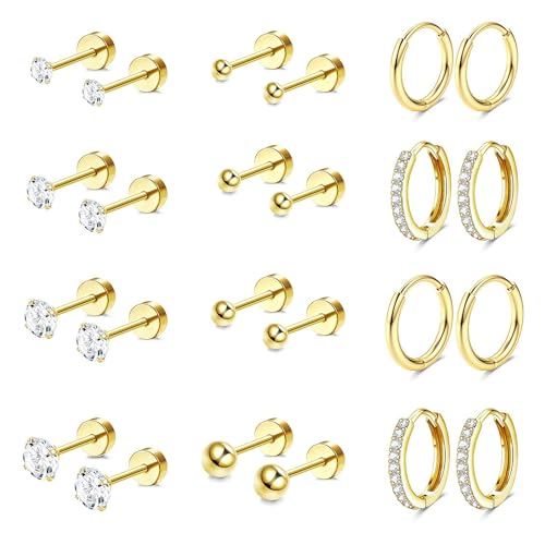 Jstyle Hypoallergenic 14K Gold Plated Flat Back Earrings for Women Men Surgical Stainless Steel Earrings for Sensitive Ears Small Stud Hoop Cartilage Earring Stack Set for Multiple Piercing Jewelry A - Image 1