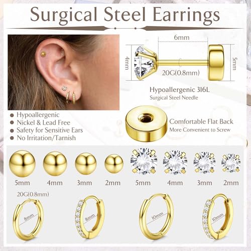 Jstyle Hypoallergenic 14K Gold Plated Flat Back Earrings for Women Men Surgical Stainless Steel Earrings for Sensitive Ears Small Stud Hoop Cartilage Earring Stack Set for Multiple Piercing Jewelry A - Image 5