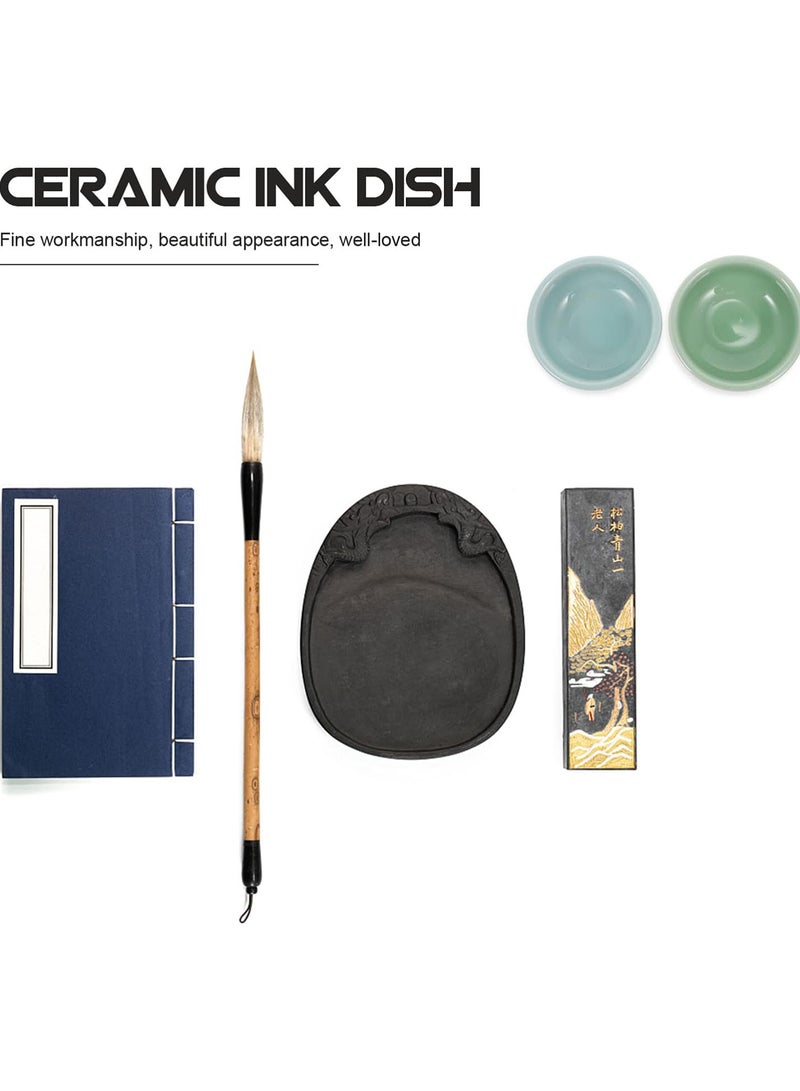 GGOOT 2Pcs Chinese Calligraphy Ink Dish Ceramic Sumi Ink Brush Washer Water Pot Porcelain Pen Holder Chopstick Rest for Acrylic Watercolor Painting Writing - Image 5