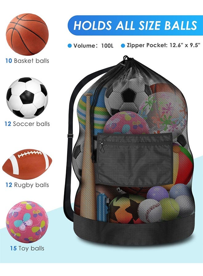 Extra Large Sports Ball Bag：Mesh Soccer Team Balls Bag(100L Extra Large Capacity 10-12Balls), Drawstring Mesh Ball Bag with Zipper Pocket, Sports Equipment Storage Organizer Hold for Gym, Beach, Cloth, Swimming Gears - Image 2