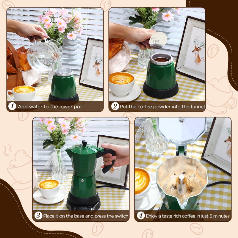 Lemosae Coffee Pot 6 Cup Electric Espresso Coffee Maker Italian Moka Maker 300ml Portable Aluminum Espresso Machine Cafetera Moka Pot with Detachable Base, Gift for Home Travel(Dark Green) - Image 5