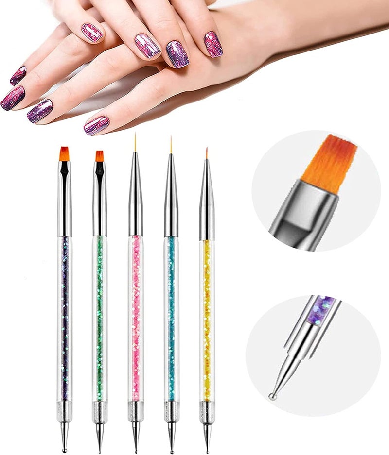 KASTWAVE Nail Art Brushes, 5Pcs Double Ended Brush & Dotting Tool Kit, Including Nail Liner Brush and Nail Dotting Pens for Nail Art Nail Salon - Image 1