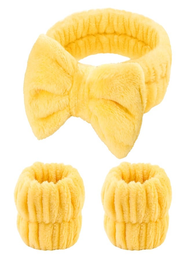 Fmeida Skincare Headband and Face Washing Wristband Set Spa hair band for Makeup, Shower -Yellow,3 Pack - Image 1