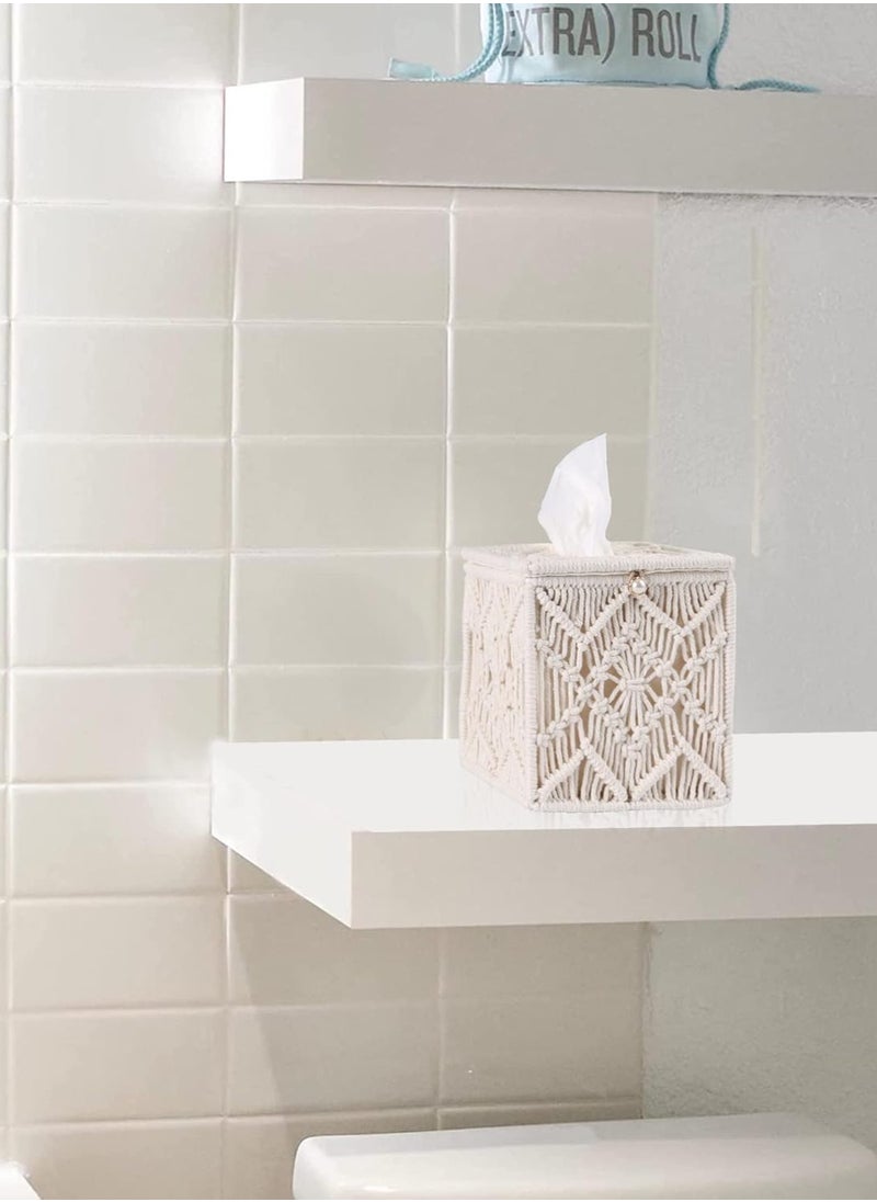 Antikiano Tissue Box Cover Boho Square Macrame Tissue Holders for Bathrooms Farmhouse Napkin Holder with Bead Buckle Woven Tissues Cube Box Dresser Organizer Decor  - Image 2