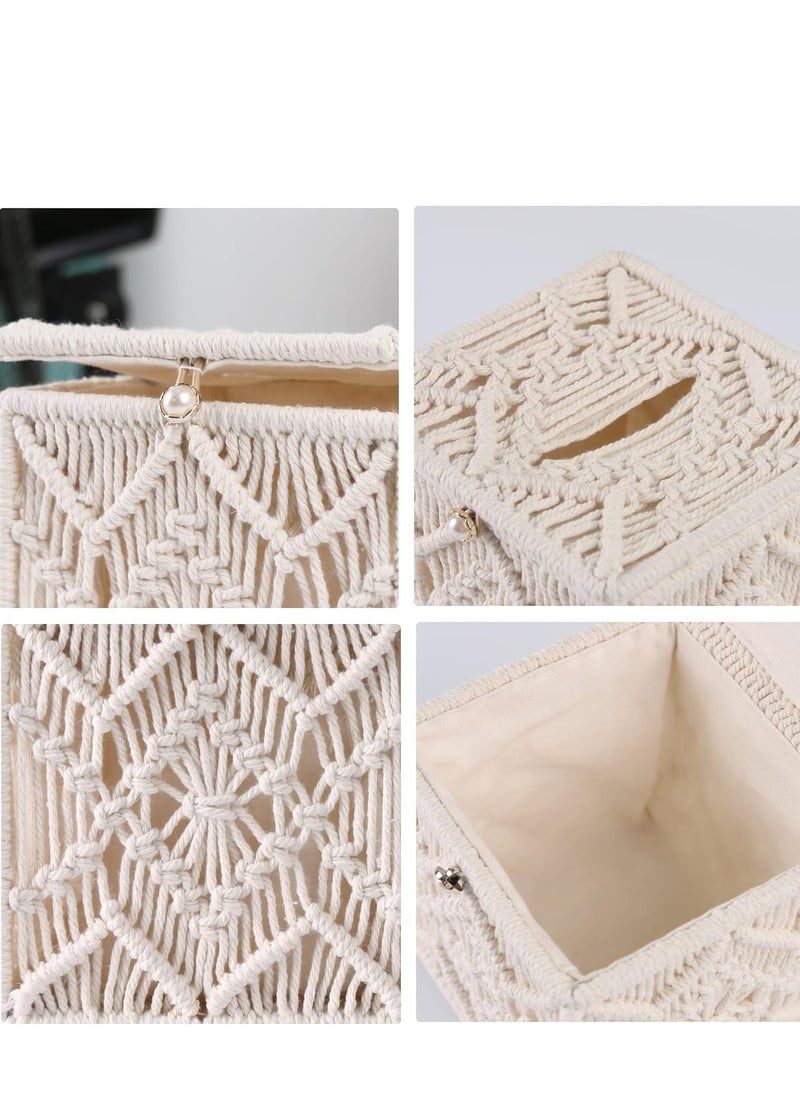 Antikiano Tissue Box Cover Boho Square Macrame Tissue Holders for Bathrooms Farmhouse Napkin Holder with Bead Buckle Woven Tissues Cube Box Dresser Organizer Decor  - Image 5