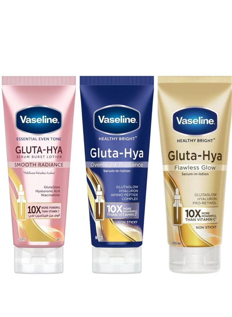 فازلين سيروم جلوتا هيا في لوشن ديوي راديانس + جلوتا هيا ليلي راديانس + جلوتا هيا فلوليس جلو، 200 مل 3 قطع