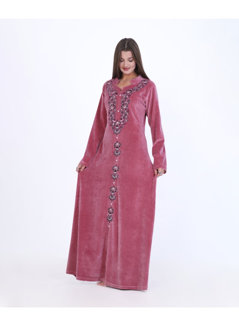 زيكوتكس  عباية / جلابية شتوية نسائية قطيفة فاخرة - تطريز تقليدي أنيق - لون وردي داكن (Dusty Rose) - Image 4